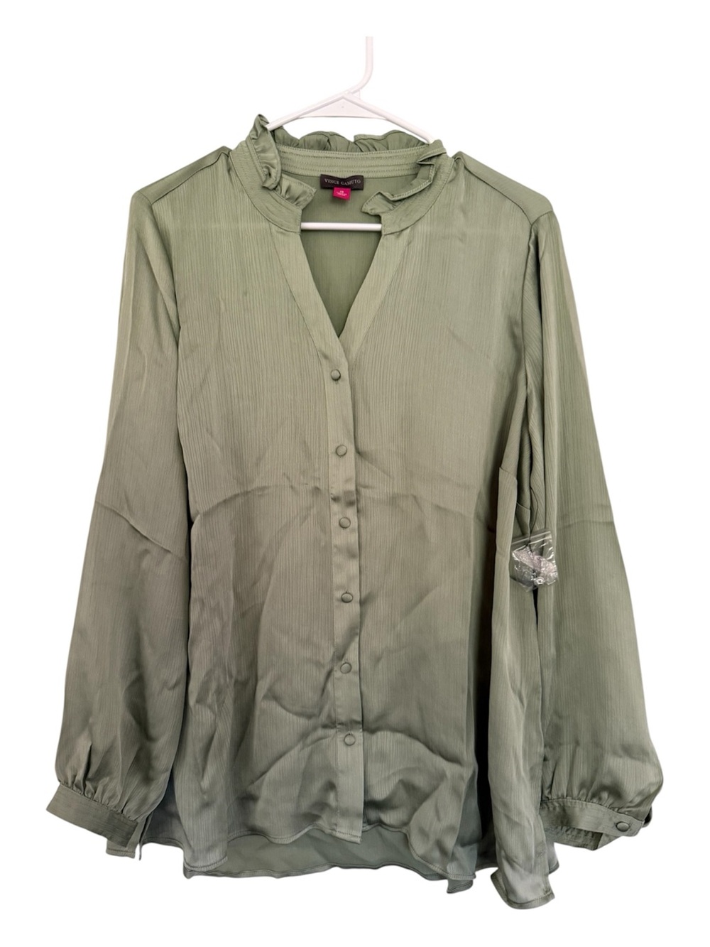Vince Camuto Olive Green Ruffle Neck Button Down Blouse Size 1X